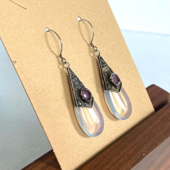 Sterling Silver 925 Oval Bezel Set Amethyst & Opalite Teardrop Dangle Earrings - Picture 6 of 16